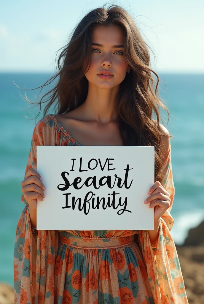 Beautiful girl with wavy long hair, bohemian dress, holding a white board with text "I Love Seaart Infinity" and showing it to the viewer