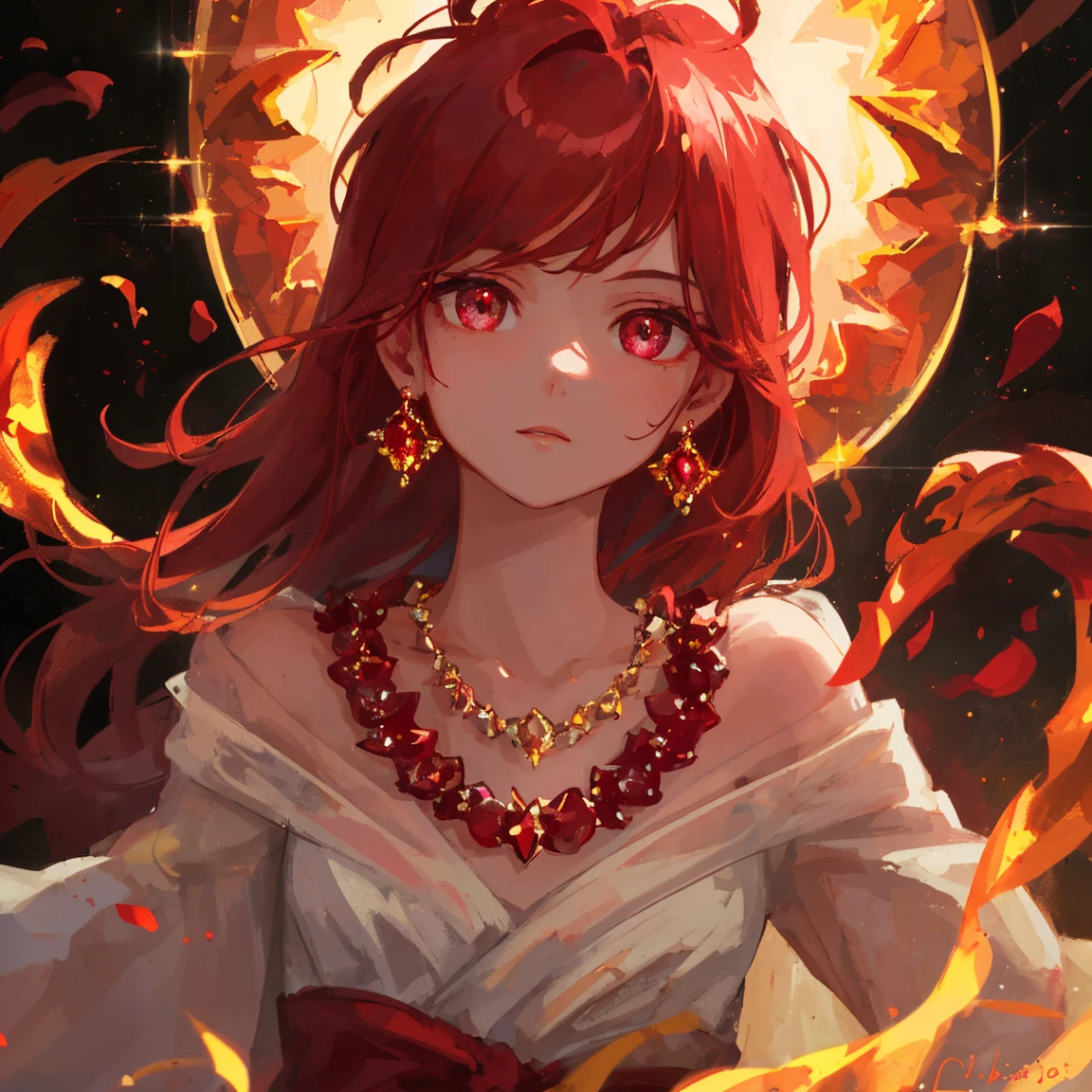1 girl masterpiece, highest quality, shape, Ruby eyes and hair, Ruby earrings, Ruby necklace, flame, fire fairy, cute, (dynamic lighting:1.2), cinematic lighting, delicate features, fine eyes, sharp pupils, realistic student, written boundary depth, Bokeh, sharp focus, (very detailed, bloom, shine:1.4), lots of little gems 