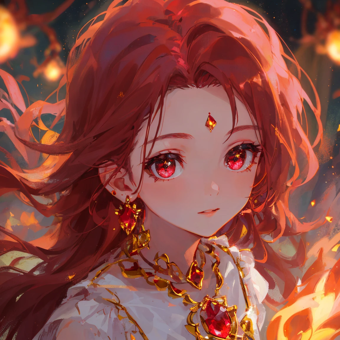 1 girl masterpiece, highest quality, shape, Ruby eyes and hair, Ruby earrings, Ruby necklace, flame, fire fairy, cute, (dynamic lighting:1.2), cinematic lighting, delicate features, fine eyes, sharp pupils, realistic student, written boundary depth, Bokeh, sharp focus, (very detailed, bloom, shine:1.4), lots of little gems 