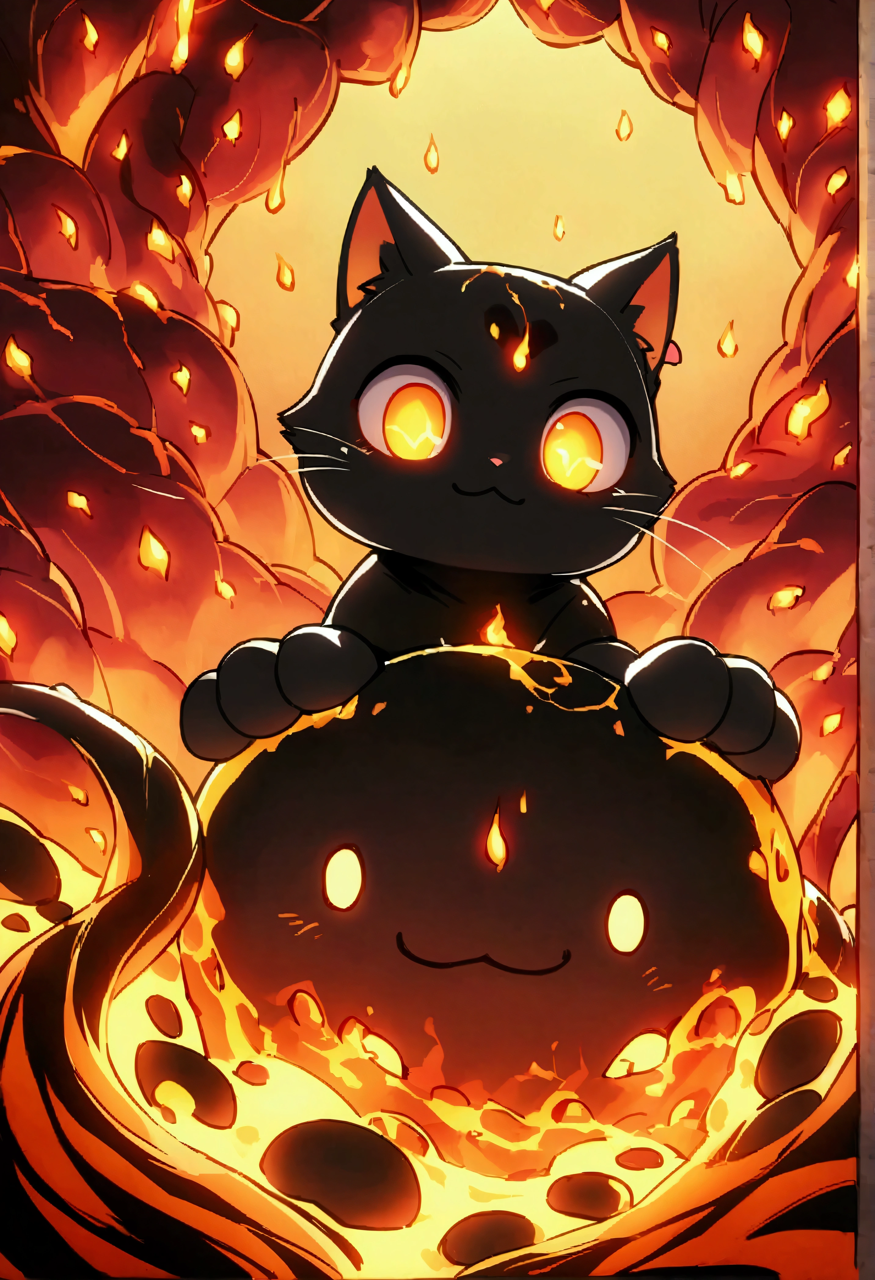 「Adorable kitten made from molten lava and swirling hot magma。Its fur is a mesmerizing dance of burning tentacles and glowing embers.。The kitten&#39;s eyes shine like bright coals、His little nose twitches with excitement as he plays with the sparks.。The lava fur ripples and flows like liquid.、Tiny shimmering waves of thermal distortion rise from its surface.。The kitten&#39;s paws leave behind glowing, melted tracks every time it moves.、Its little cries seem to be made of crackling flames.。style: Lively and、Dynamic and、Very detailed、The focus is on capturing the playful and mischievous nature of kittens amidst the burning, molten chaos of their bodies.。」