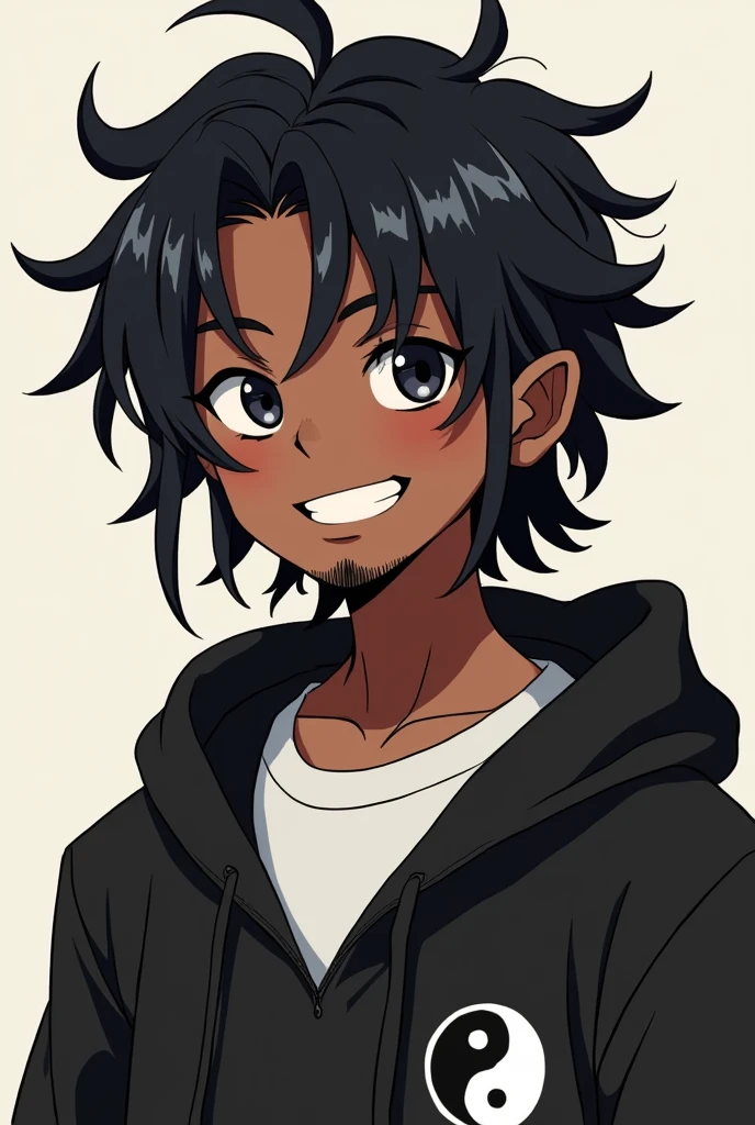 a drawing of an dark skin person with a black dreadlocks and a white shirt, wearing black hoodie with an yin Yang logo on it, halfbody portrait, tyler jacobson style, anime character, cel shaded:, young anime man, androgynous appearance, shaggy dreadlocks, goatee, Smiling, teeth are slightly shown