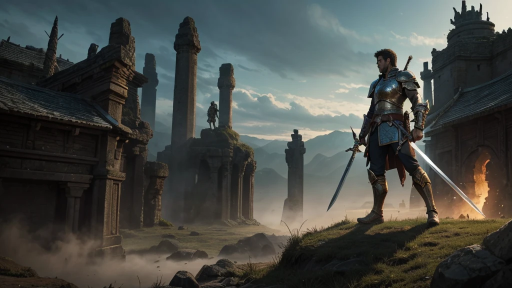 "In a land of ancient magic and forgotten lore, a lone warrior stands tall, sword in hand, ready toface the darkness that threatens to consume the realm. The camera pans over the battle-scarred armor, the worn leather boots, and the determined gaze of the warrior as they prepare for the fight of their life. The sound of clashing steel echoes through the air as the warrior charges forward, their sword flashing in the fading light of day. The fate of the kingdom hangs in the balance, and only the bravest of heroes will emerge victorious."