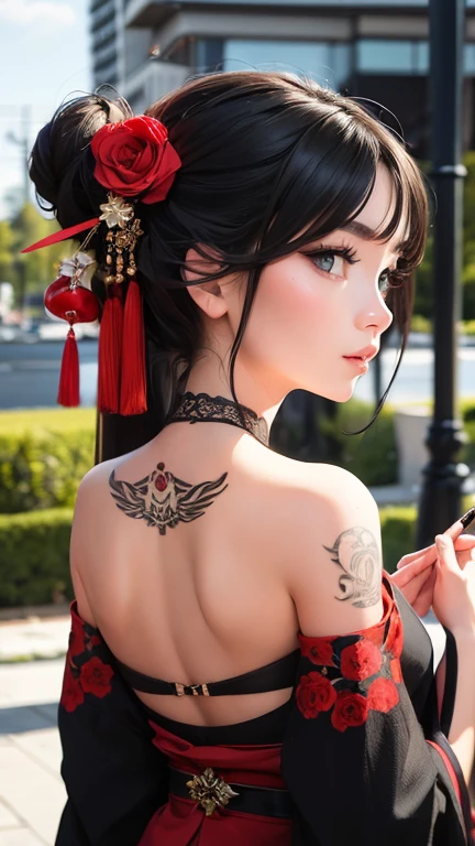 masterpiece, top quality, best quality, official art, beautiful and aesthetic:1.2),1girl, tattoo, solo, japanese clothes, red and black kimono, hair ornament, unsheathing, black hair, sheath, back tattoo, flower tattoo, blue eyes, off shoulder, bare shoulders, looking back, from behind, flower, looking at viewer, holding, makeup, outdoor,