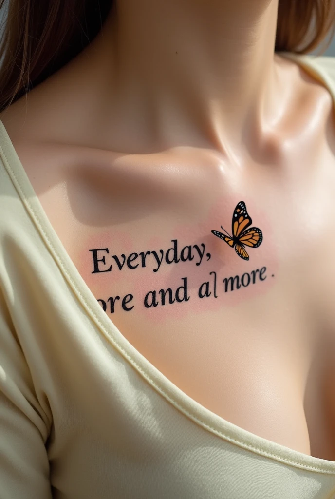 simple design on the chest under the collar bone that has the phrase "Everyday, More and More" that includes a simple small butterfly on the side
that hovers over the text