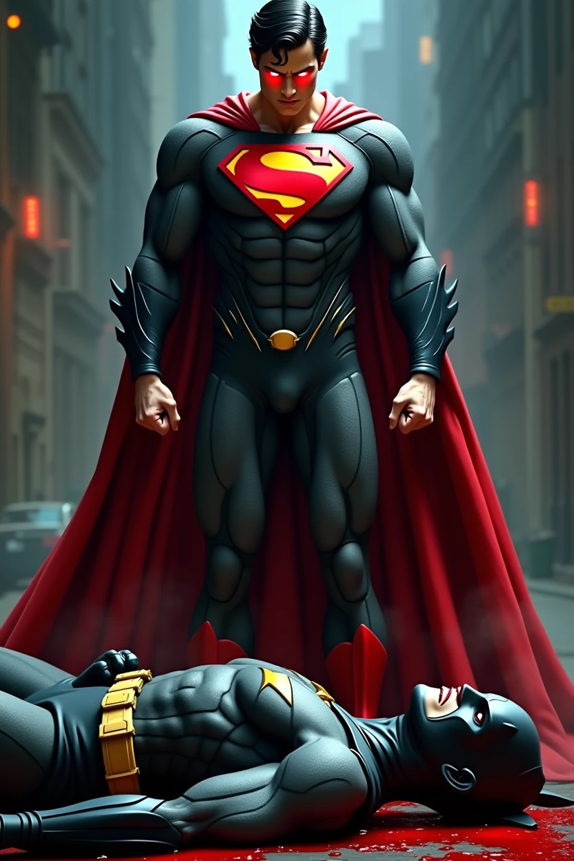 Superman standing with bloody fists and black suite and glowing red eyes, batman laying on the ground unconscious covered in blood with mask that resembles bat