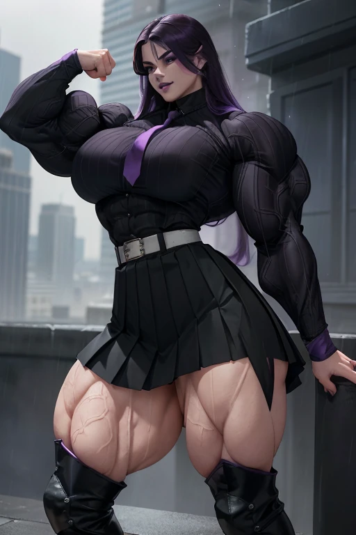 (((((Massive tall, beautiful, buff, pale white muscular goddess woman with violet purple hair, ginormous bulky muscles and wearing a sleeveless team rocket uniform with skirt))))), close view, (massive muscles), massive biceps, hyper muscle shoulders, (ginormous muscular arms), vascular shoulders, hyper muscle triceps, (long hair with long bangs), black eyes, choker, black thigh high boots, (on the rooftop), confident smile, night, hyper vascular arm, hyper muscles arms, hyper muscle legs, (ginormous arms).