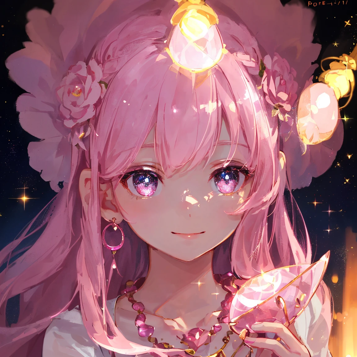 1 girl masterpiece, highest quality, shape, beautiful smile, Rose Quartz eyes and hair, pink Quartz earrings, Rose Quartz necklace, lamp, candle,fire fairy, cute, (dynamic lighting:1.2), cinematic lighting, delicate features, fine eyes, sharp pupils, realistic student, written boundary depth, Bokeh, sharp focus, (very detailed, bloom, shine:1.4), lots of little gems