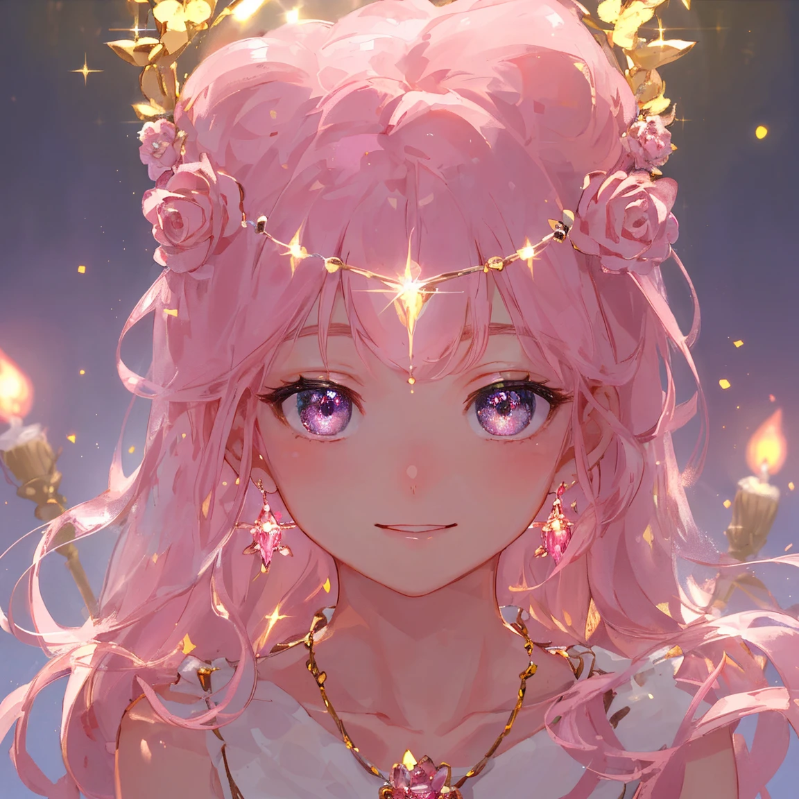 1 girl masterpiece, highest quality, shape, beautiful smile, Rose Quartz eyes and hair, pink Quartz earrings, Rose Quartz necklace, lamp, candle,fire fairy, cute, (dynamic lighting:1.2), cinematic lighting, delicate features, fine eyes, sharp pupils, realistic student, written boundary depth, Bokeh, sharp focus, (very detailed, bloom, shine:1.4), lots of little gems 