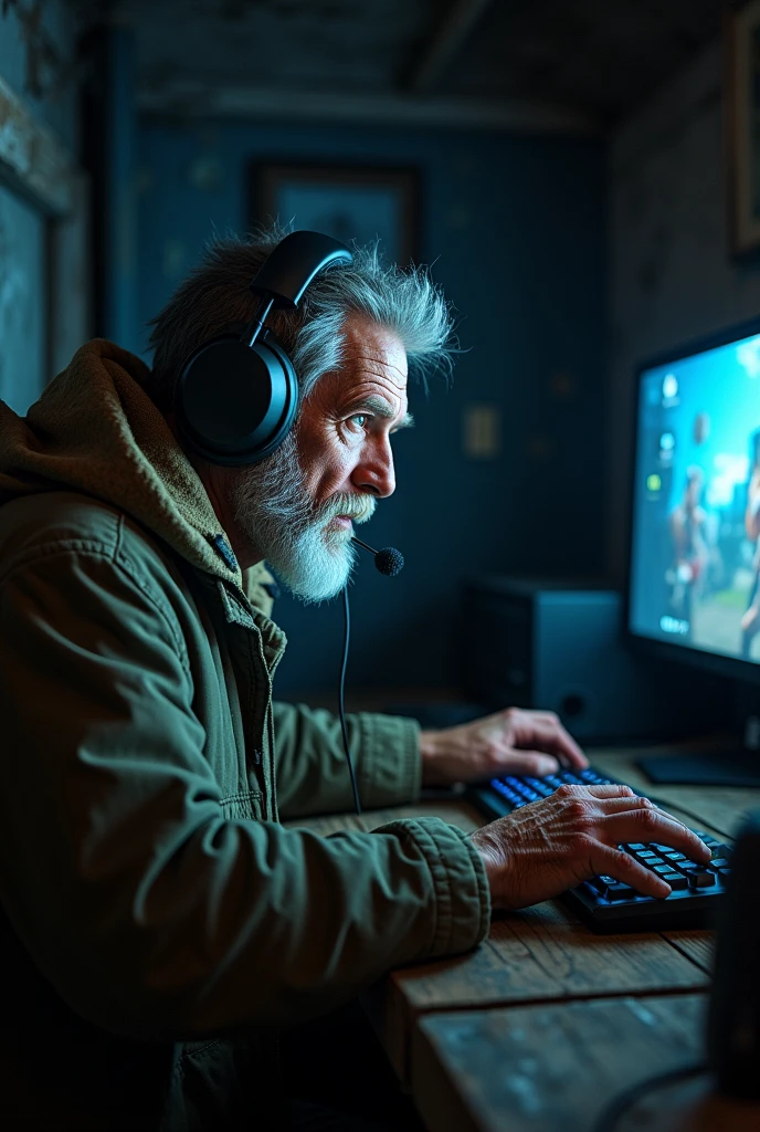 28 year old homeless man playing valorant game on computer with headset