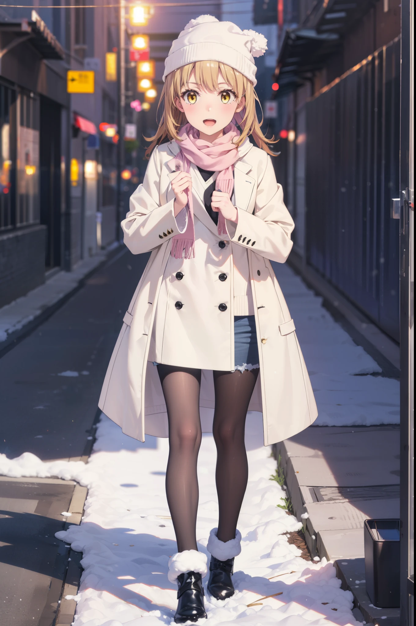 Irohaisshiki, isshiki iroha, Long Hair, Brown Hair, (Brown eyes:1.5), smile,Open your mouth,White Breath,low twin tail,Knitted hat,White scarf,Yellow long coat　Open front,Pink v-neck sweater,Short denim,Black pantyhose,short boots,Walking,snowが降っている,snowが積もっている,moon,night,snow,snow,snow,snow,whole bodyがイラストに入るように,　　　　　　　　　break outdoors, Building district,
break looking at viewer,whole body,
break (masterpiece:1.2), Highest quality, High resolution, unity 8k wallpaper, (figure:0.8), (Beautiful attention to detail:1.6), Highly detailed face, Perfect lighting, Highly detailed CG, (Perfect hands, Perfect Anatomy),