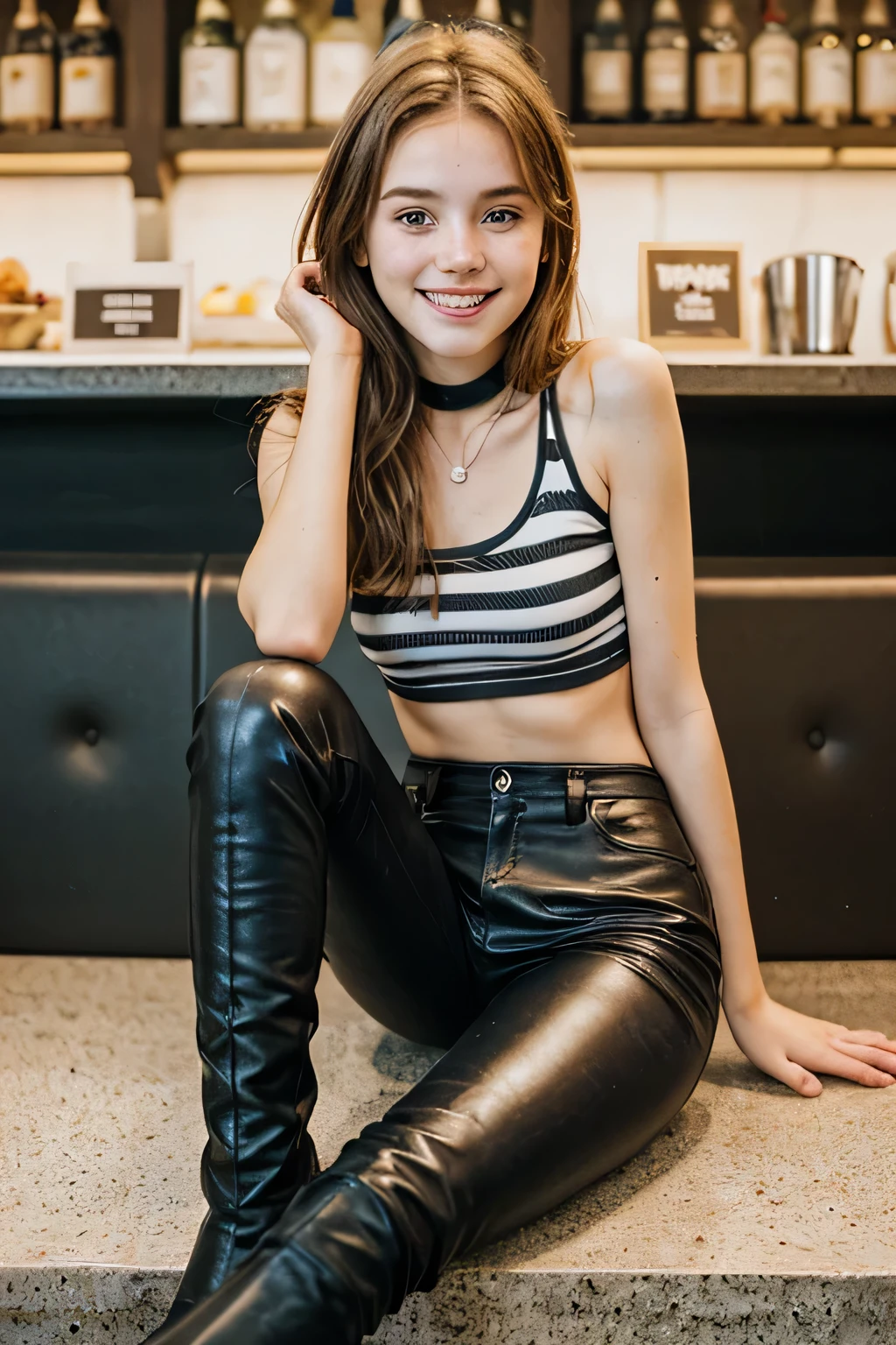 masterpiece, Best Quality, 8k, 15 years, europea, beautiful, Whole body, thin girl, Freckles in the face, slender body, small tits, absurd, Award-winning portrait, smile, smile, Pure, french girl, smile feliz, Brown hair, hair tied, 14 year old girl, with red top with stripes, sleeveless, leather pants, long boots, Whole body, is in a cafe at night, freckles on the face, , adolescent, skinny girl,