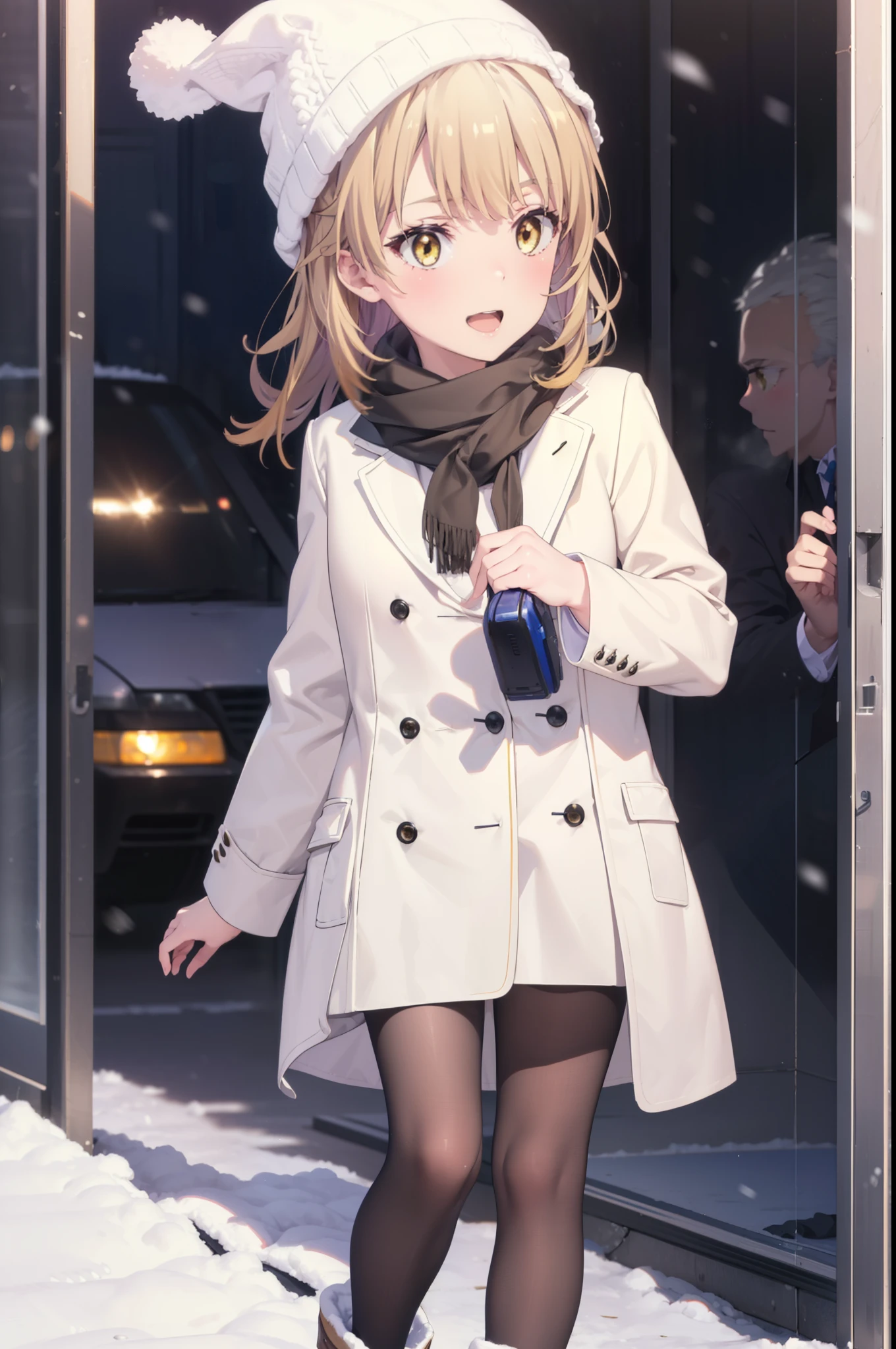Irohaisshiki, isshiki iroha, Long Hair, Brown Hair, (Brown eyes:1.5), smile,Open your mouth,White Breath,low twin tail,Knitted hat,White scarf,Yellow long coat　Open front,Pink v-neck sweater,Short denim,Black pantyhose,short boots,Walking,snowが降っている,snowが積もっている,moon,night,snow,snow,snow,snow,whole bodyがイラストに入るように,　　　　　　　　　break outdoors, Building district,
break looking at viewer,whole body,
break (masterpiece:1.2), Highest quality, High resolution, unity 8k wallpaper, (figure:0.8), (Beautiful attention to detail:1.6), Highly detailed face, Perfect lighting, Highly detailed CG, (Perfect hands, Perfect Anatomy),