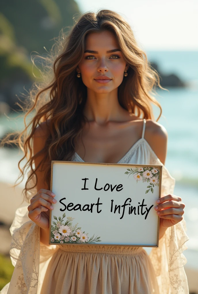 Beautiful girl with wavy long hair, bohemian dress, holding a white board with text "I Love Seaart Infinity" and showing it to the viewer Realist