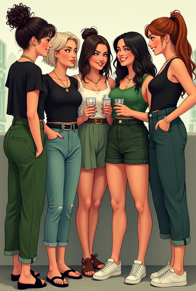 Group of young women dressed in casual green and black colors 

