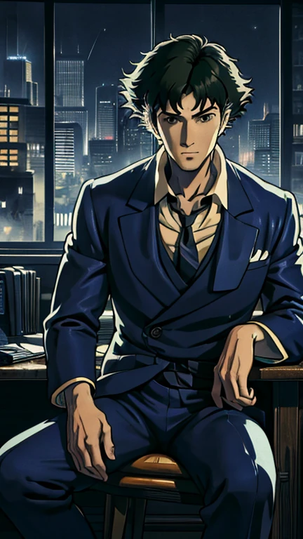 (1boy, spikespiegel), (extremely detailed CG unit 8k wallpaper),(master part), (best quality), (ultra detail), (best illustration),(ghibli style), siting behind a desk in an office, (Sharp eyeliner, ombre, detail eyes:1), break , (mad-sincity), night, 1940, noir(masterpiece:1.2), best quality, (hyperdetailed, highest detailed:1.2), high resolution textures, formal
suit
jacket
necktie
pants