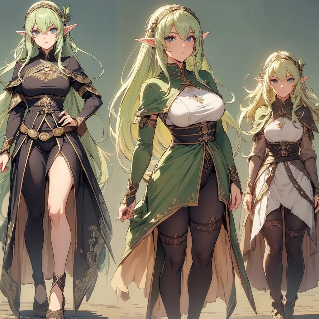   (character concept, character sheet: 1.2), ((Masterpiece  Highest quality, accurate, UHD)), line art, detailed character sheet, anime studio style, standard quality, Simple background, (Grey background:1.5), (sketch art:1.2), (do not go beyond the edges of the image:1.65), (rating:safe), ((multiple view:1.31)), (full body:1.28), ((accurate anatomy, best anatomy hands, accurate eye, best anatomy eye)), detailed face,  3 different angles, body parts  Highly detailed, full esbian body, full of details, multiple items, multiple poses and expressions, 
  1 girl, medieval character 
Elf warrior, Beautiful female Elf archer, holding a bow, arrow holder on the back，very long hair，estilo fantasia，olive green hair color and dress，very beautiful，high balance natural light, lace pantyhose, vine pattern decoration 