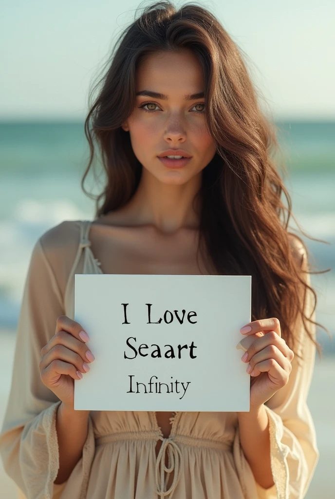 Beautiful girl with wavy long hair, bohemian dress, holding a white board with text "I Love Seaart Infinity" and showing it to the viewer