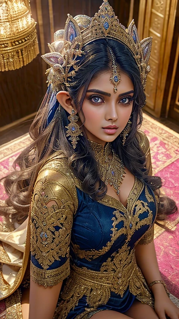 Selfie from above pov, Extremely detailed, women, elven, Pakistani women, beautiful body, wearing traditional (navy blue and golden), beautiful enormous size breast, beautiful face,  extremely detailed cat eyes, sexy look, light pink lips, making pout, background lighting 