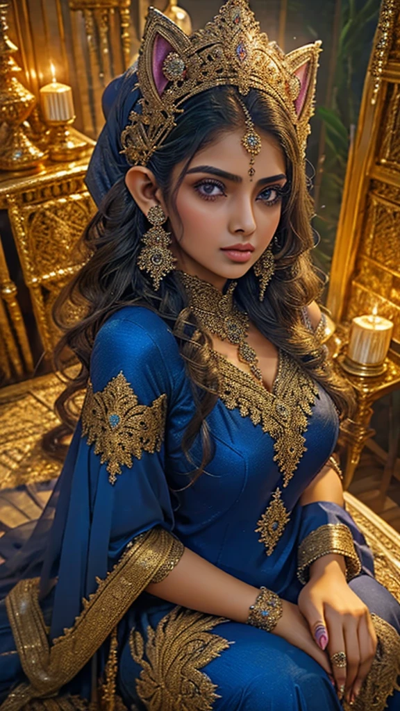 Selfie from above pov, Extremely detailed, women, elven, Pakistani women, beautiful body, wearing traditional (navy blue and golden), beautiful enormous size breast, beautiful face, extremely detailed cat eyes, hypnotic eyes, sexy look, light pink lips, making pout face, background lighting , 