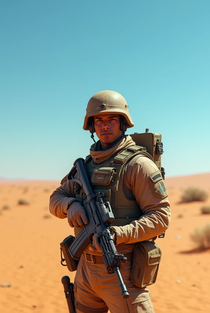 Soldier with vest and helmet and rifle in an empty desert 