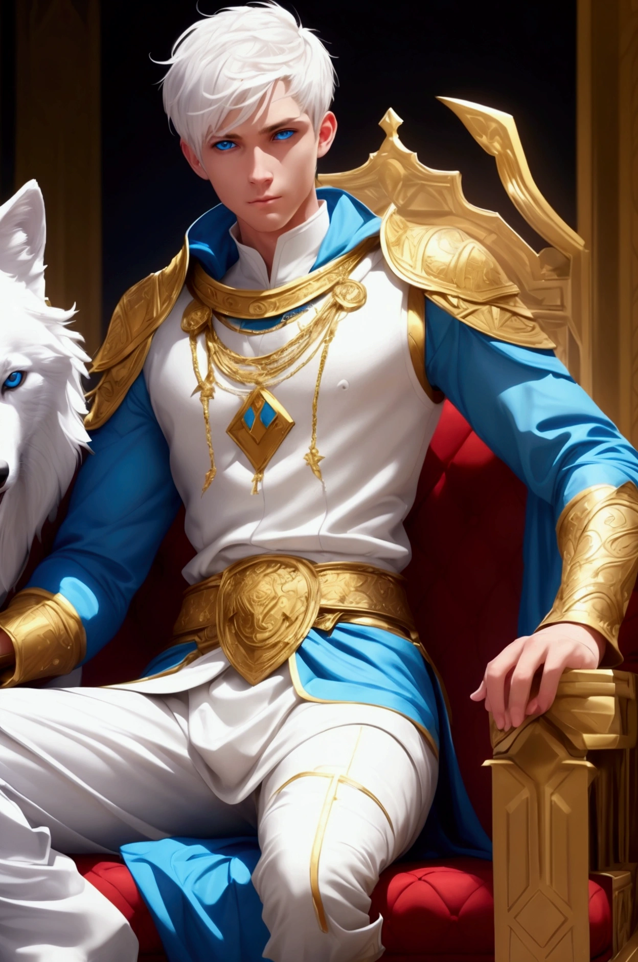 White short hair man, blue colored eyes,  sitting on a golden throne,  next to a white wolf,  not desert 