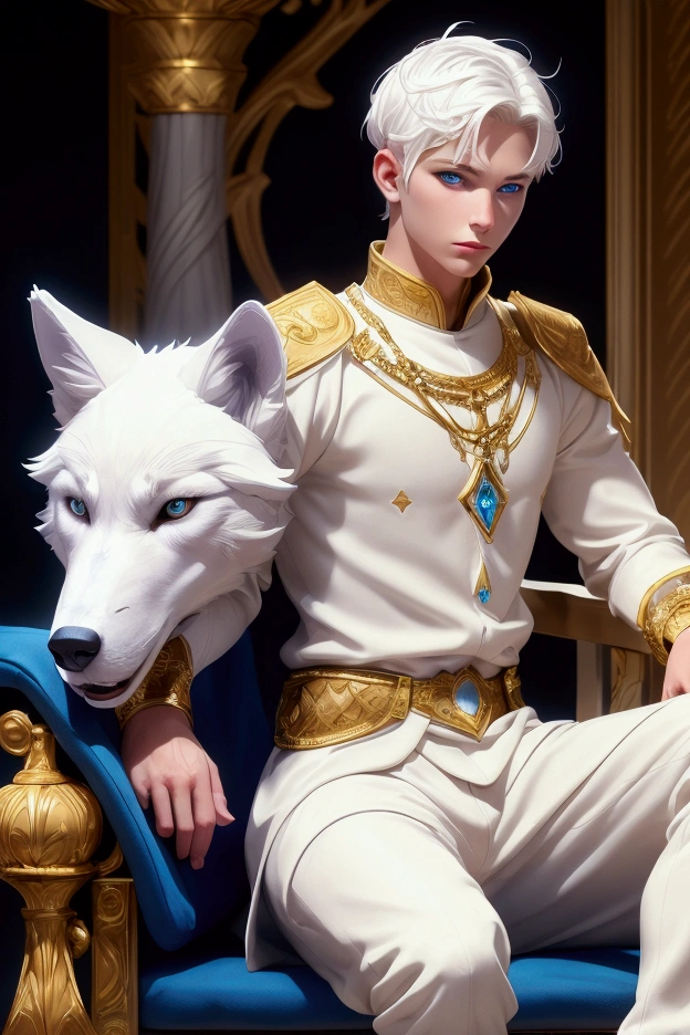White short hair man, blue colored eyes, sitting on a golden throne, next to a white wolf, not desert