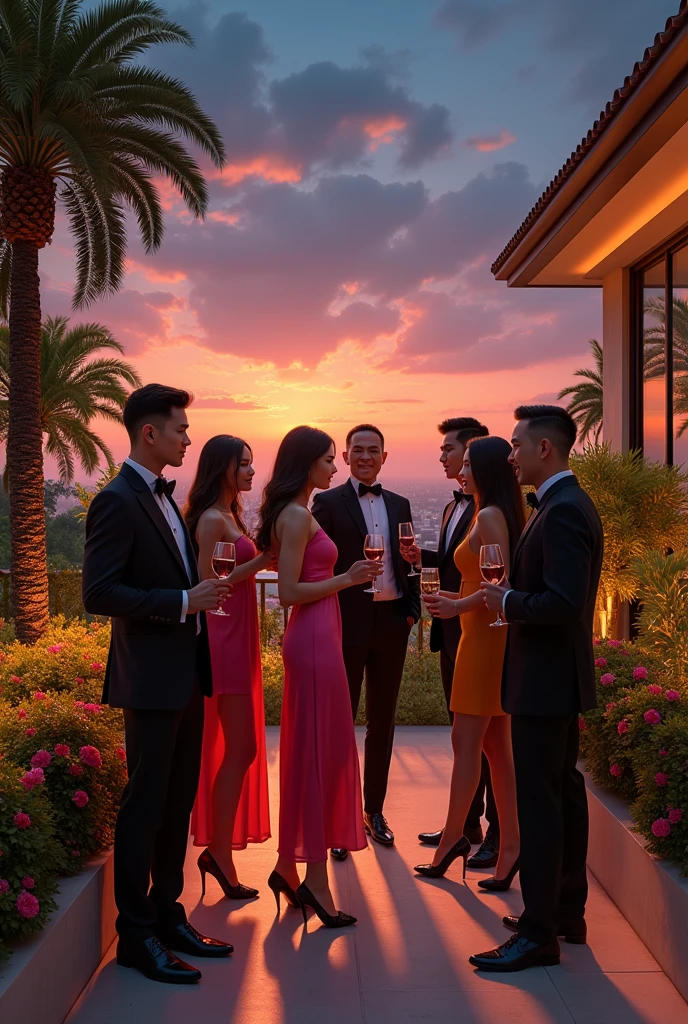 80s style,A group of fashionable people,Chinese,Parties,In the villa garden,On the rooftop,Night,evening,reunion,Reception,wine,Wine Tasting,Suit,High heel(Rich details),(Best quality),Film Style