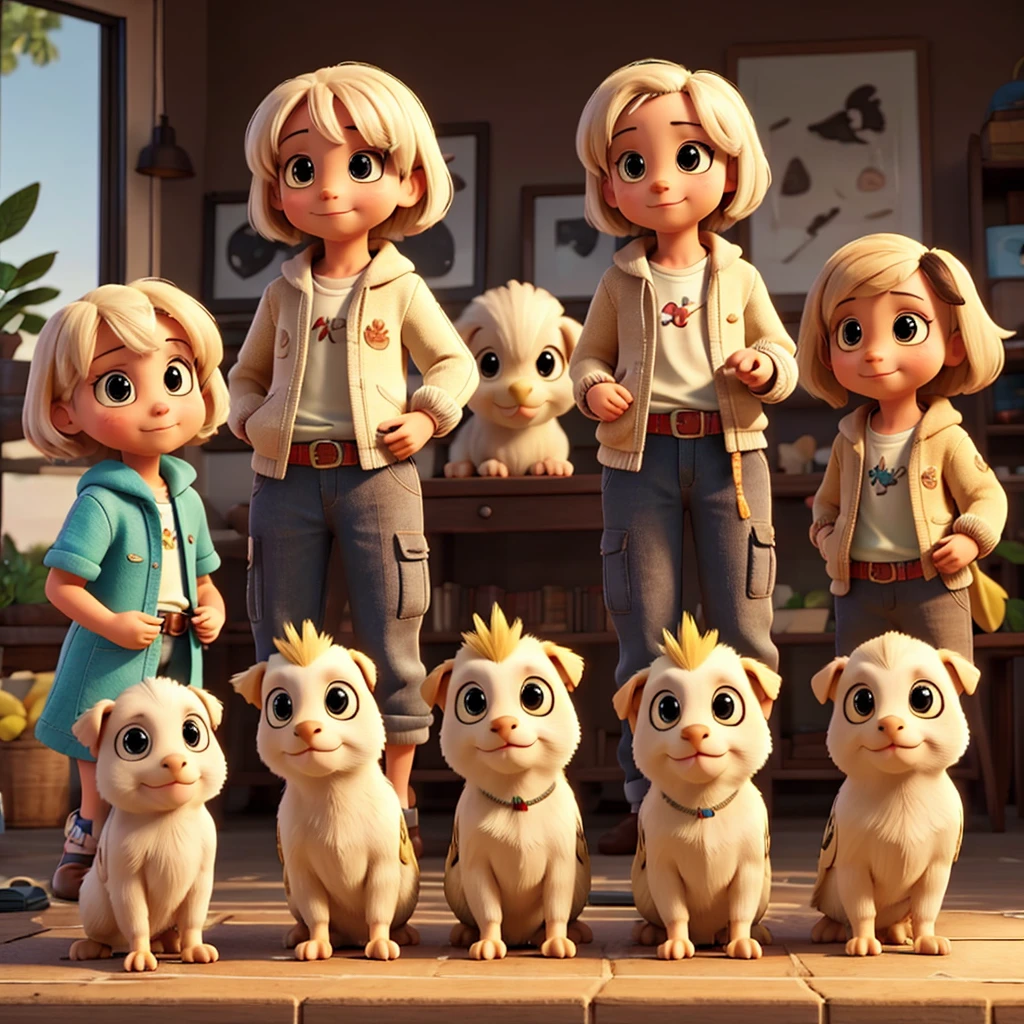Three Cockatiel artists and two puppies
