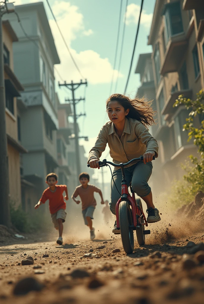 There are children running down the hill at a high rate of speed.
There is a dangerous place at the bottom of the hill.
The children run toward the bottom of the hill.
A beautiful mother chases after him on a child's tricycle.
The mother's face is filled with despair.
The setting is an urban area.