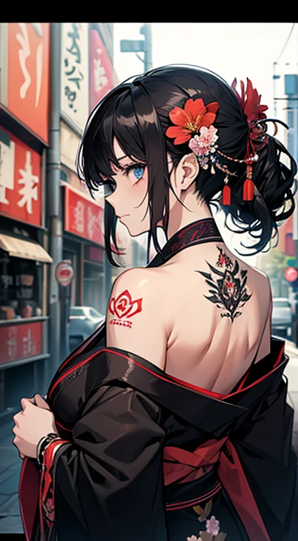 masterpiece, top quality, best quality, official art, beautiful and aesthetic:1.2),1girl, tattoo, solo, japanese clothes, red and black kimono, hair ornament, unsheathing, black hair, sheath, back tattoo, flower tattoo, blue eyes, off shoulder, bare shoulders, looking back, from behind, flower, looking at viewer, holding, makeup, outdoor,