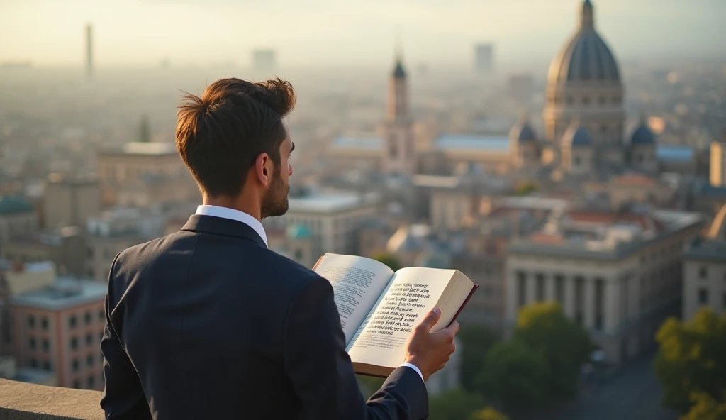 "a man in suit, with a panoramic view of a city, holding an open book with an inspirational quote."
