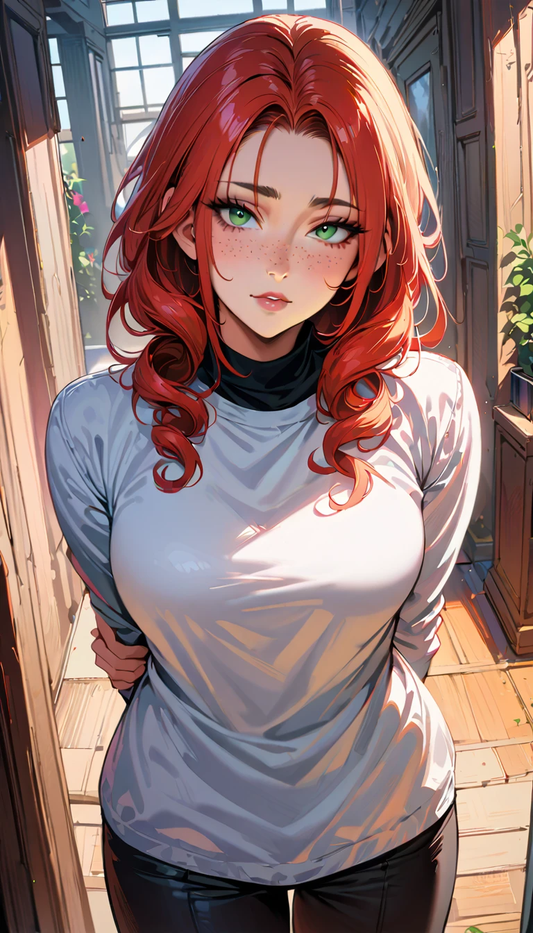(high quality, 8k, 4K, high contrast, artwork:1.2, high quality, best aesthetics), (centered), ((1 woman)), erotic, sensual, mature body, grown woman, super detailed, beautiful face detailed, beautiful eyes detailed, detailed beautiful mouth, (long curly red hair), (green eyes), (freckles on cheeks), (black eyeliner), (pink eyeshadow), (blushing), (relaxed expression), (facing the camera), (penetrating gaze), (standing), (straight body posture), (hands behind the back), (angle from the front of the woman), (front view), (casual clothes)