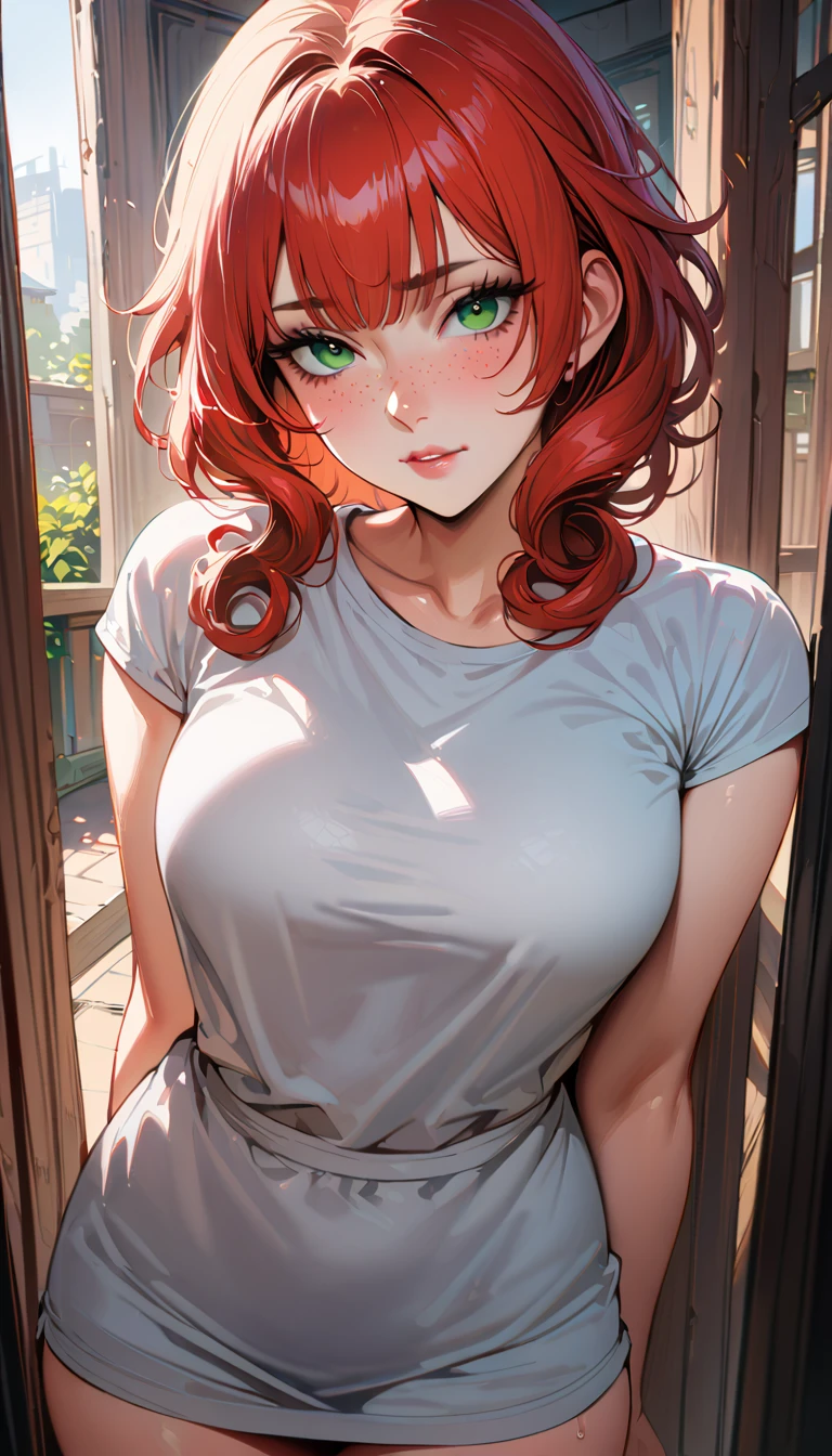 (high quality, 8k, 4K, high contrast, artwork:1.2, high quality, best aesthetics), (centered), ((1 woman)), erotic, sensual, mature body, grown woman, super detailed, beautiful face detailed, beautiful eyes detailed, detailed beautiful mouth, (long curly red hair), (green eyes), (freckles on cheeks), (black eyeliner), (pink eyeshadow), (blushing), (relaxed expression), (facing the camera), (penetrating gaze), (standing), (straight body posture), (hands behind the back), (angle from the front of the woman), (front view), (casual clothes)