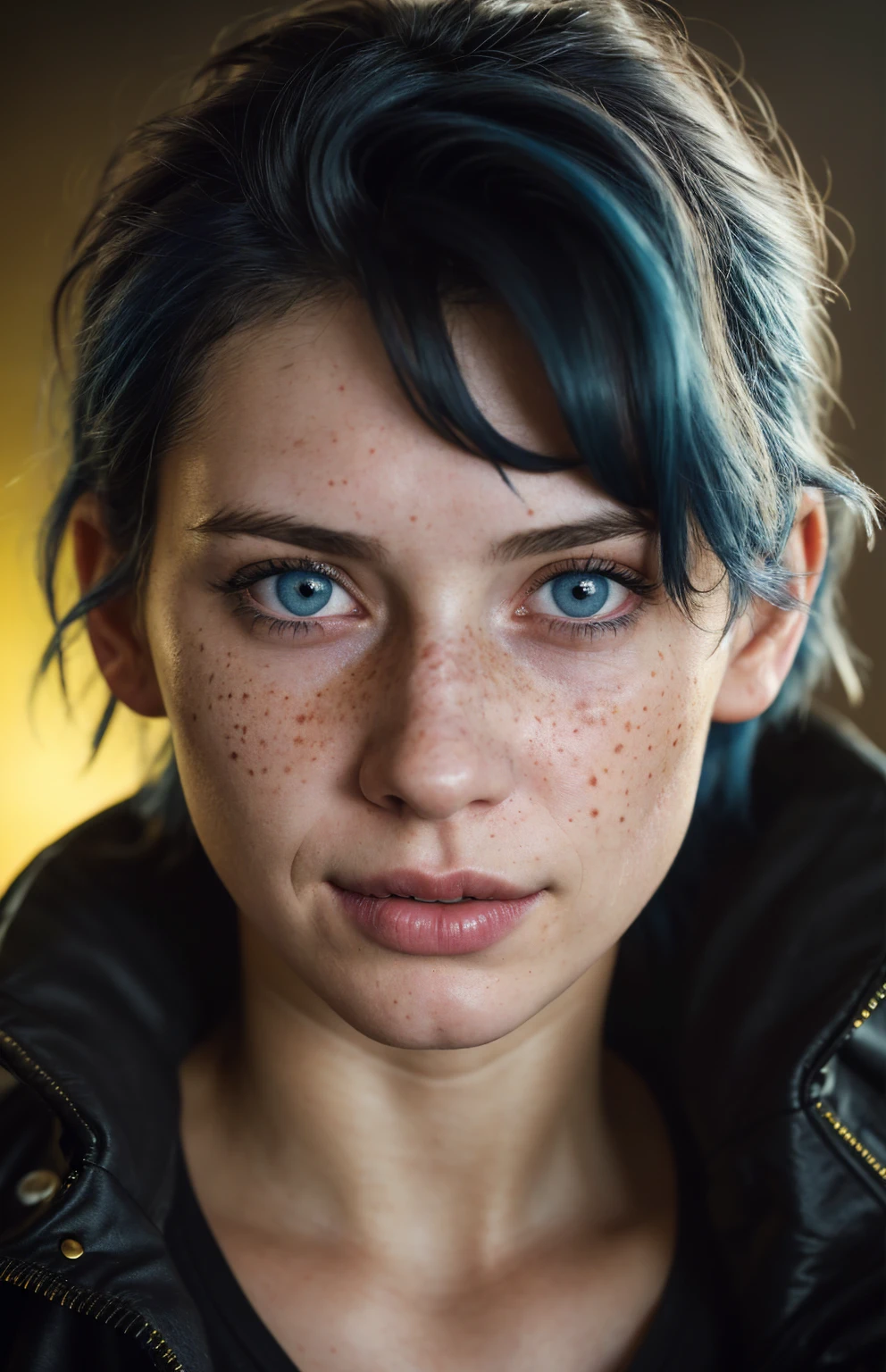(close-up, editorial photograph of a 21 year old woman), (highly detailed face:1.4) (smile:0.7) (background inside dark, moody, private study:1.3) POV, by lee jeffries, nikon d850, film stock photograph ,4 kodak portra 400 ,camera f1.6 lens ,rich colors, hyper realistic ,lifelike texture, dramatic lighting , cinestill 800, wavy hair, messy hair, short hair, Mischievous smirk, Blue hair, Blue eyes, freckles, white skin, black shirt, yellow jacket from cyberpunk 2077, european woman, european skin, european expression, Athletic, masterpiece, Astral Plane