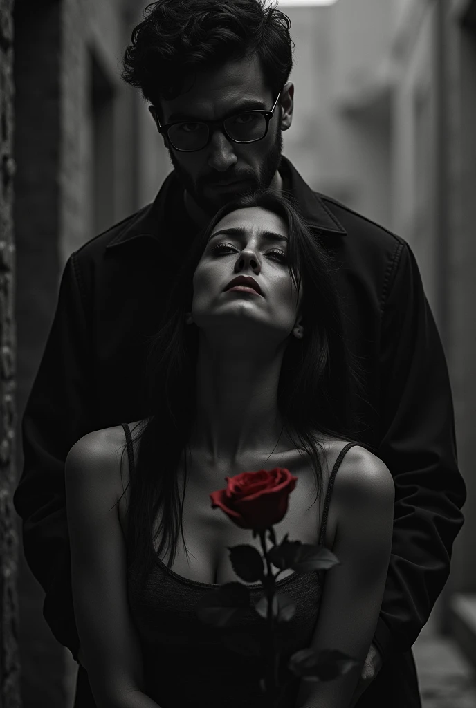 an image of a sad trapped woman with a man behind her, with glasses, crime scenarios, roses and black and white 
