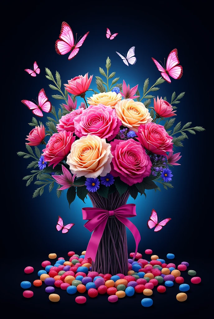 Make an illustration of a company called "ETERNO BOUQUET" That is of eternal flowers ,make-up, butterflies and jelly beans. Let the background be black and the challenge purple and blue (that bears the name of the company)