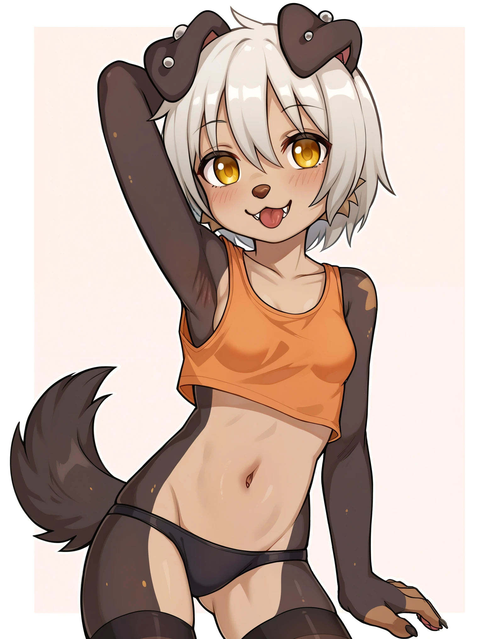 score_9, score_8_up, score_7_up, score_6_up, rating_safe, furry, puppyemonade \\\\(artist\\\\), 1girl, mammal, solo, clothing, anthro, animal ears, tail, canid, furry female, female, canine, panties, furry, underwear, dog ears, navel, black panties, thighhighs, dog tail, hair, domestic dog, blush, yellow eyes, looking at viewer, canis, dog girl, open mouth, clothed, breasts, arm behind head, legwear, crop top, tongue, small breasts, white hair, black thighhighs, fangs, short hair, arm up, piercing, smile, fur, topwear, cowboy shot, body fur, grey hair, midriff, tank top, hair between eyes, claws, animal nose, collarbone, 