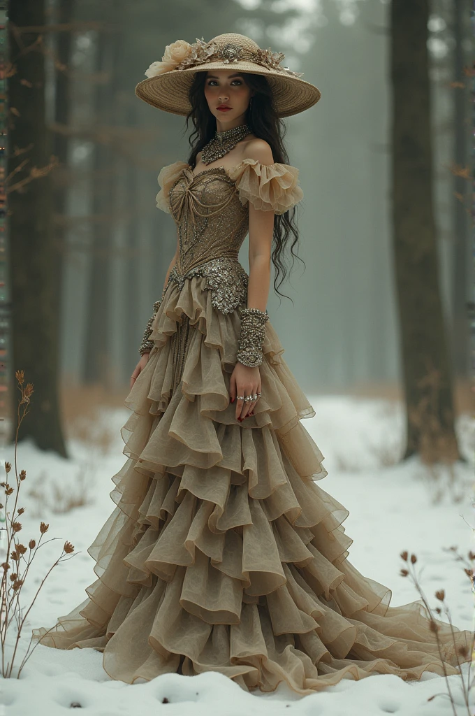 Full body woman, with large hat, floor-length hair, mermaid style Victorian dress with many layers, gloves, sepia colors, Brown, Grey, Ocher, Olive green, Black, Beige, High heels, many jewelry, with a background of forest with snow and fog.