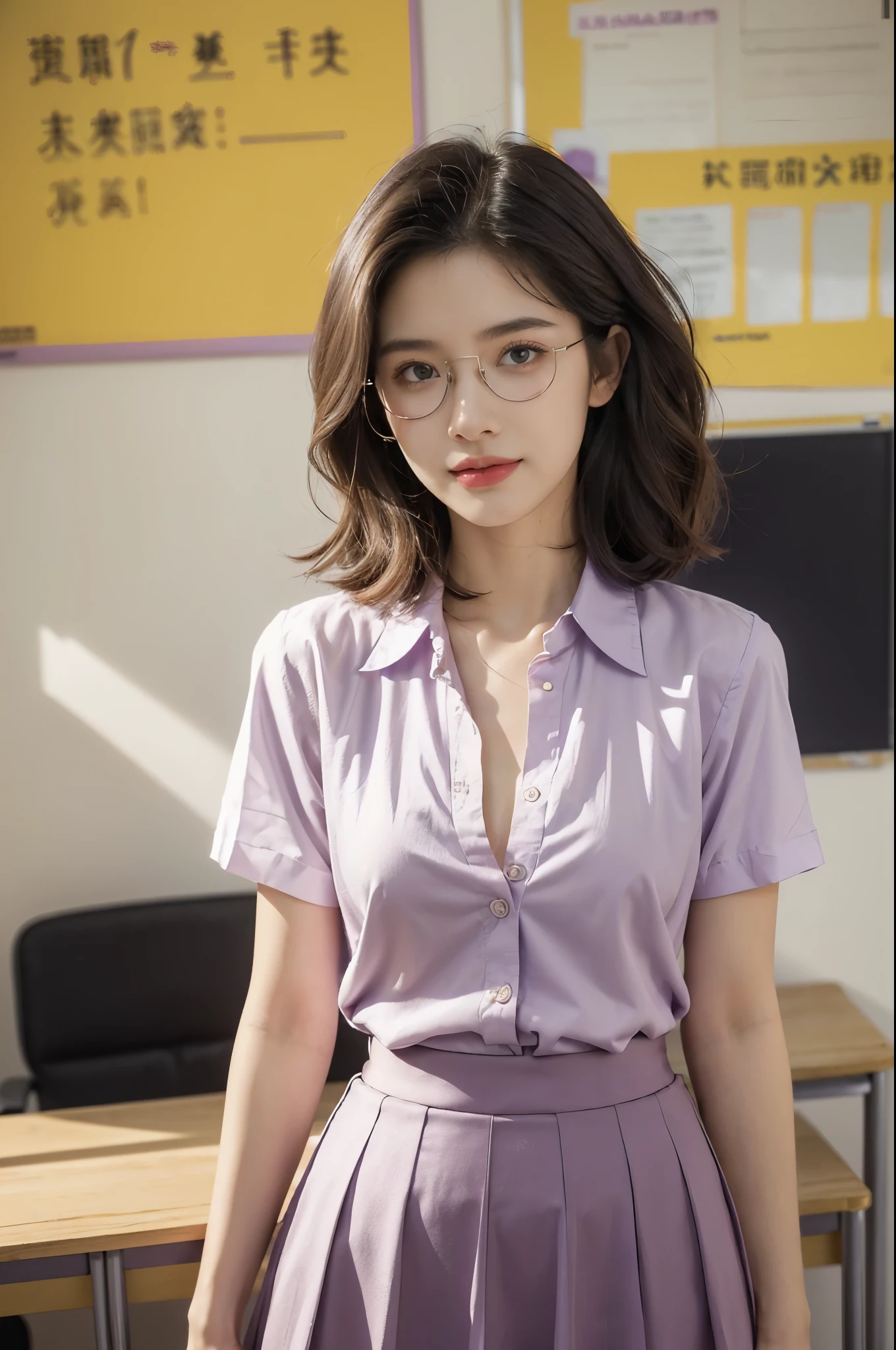 (((best quality))),(((ultra detailed))),(((masterpiece))),illustration,((1 beautiful young girl,female teacher,solo)),(shoulder-length wavy bob:1.3),(glasses:1.2),((slim,thin)),((small breasts,flat chest)),(summer:1.3),(indoor:1.2),(in classroom:1.3),(light purple collared short-sleeved shirt:1.3),(open shirt:1.5),(maxi purple bubble skirt:1.3), elegance, confidence, professional attire, fashionable, personal style, wall posters, maps, colorful, learning, organized, desks, chairs, whiteboard, important information, diagrams, bright eyes, focused, gentle smile, warmth, kindness, positivity, enthusiasm, inspiring, students, joy, intelligence, snapshot, dedication, grace,((from front,upper body))