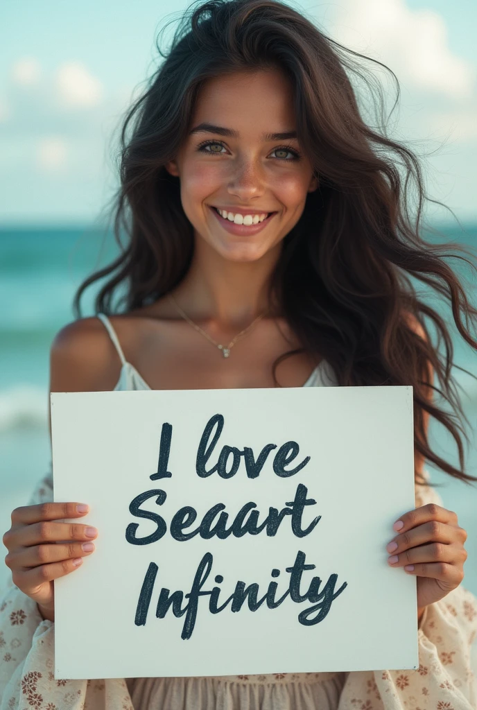 Beautiful girl with wavy long hair, bohemian dress, holding a white board with text "I Love Seaart Infinity" and showing it to the viewer