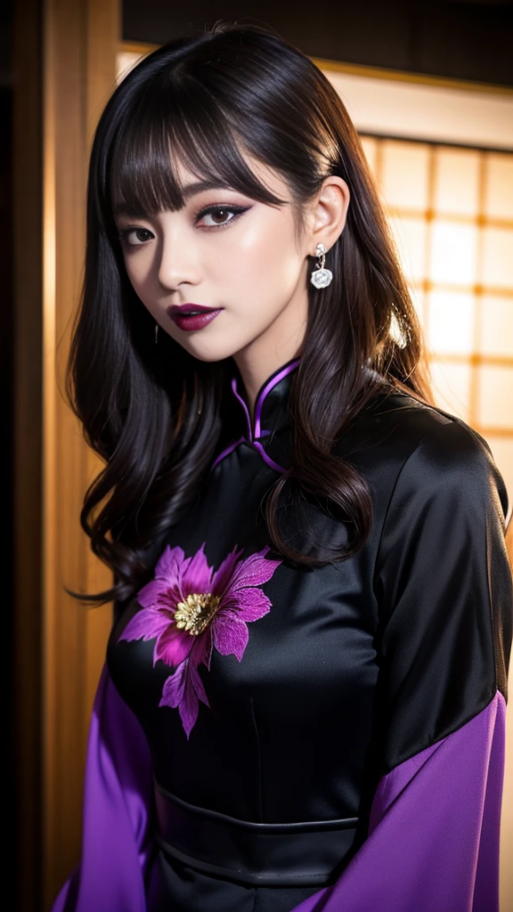 best quality、ultra-detailed、8k、Japanese、Japanese、Seductive beauty、seductive adult woman、Pretty Woman、cool girl、smirk、Wicked Smile、Villainess、brainwash makeup、Brainwashed、brainwash、Fallen into evil、Evil look、evil、Brown hair、wavy hair、swept bangs、dark makeup、piercing eyes、hollow eyes,half-closed eyes、Hollow Eyes、purple Eyeshadow、black lipstick、black lipglos、Purple Eyeshadow、black lipstick、black lip gloss、Dark Makeup、smirk、Whisper in my ear、Evil look、long black cheongsam、Wide sleeves、night、inside darkroom、Kiss、I have lipstick、Are standing、Look、Offer、shoot from below、Connected by many cords