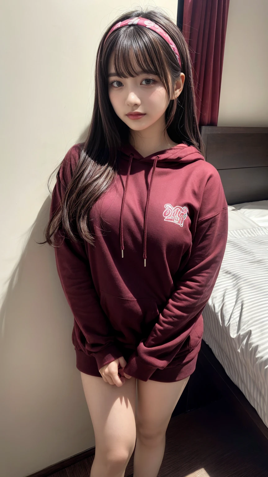 masterpiece, best quality, illustration, Super detailed, fine details, High resolution, 8K,wall paper, perfect dynamic composition,(Details High quality, realistic depiction of eyes:1.3), wearing maroon Streetwear Hoodie, long black hair, white headband, in a hotel room in the background, large breasts, black hair color, Big Natural Color Lip, (perfect body shape), crying a little、Harajuku style、20 year old girl、cute type、beautiful legs, Gravure Idol