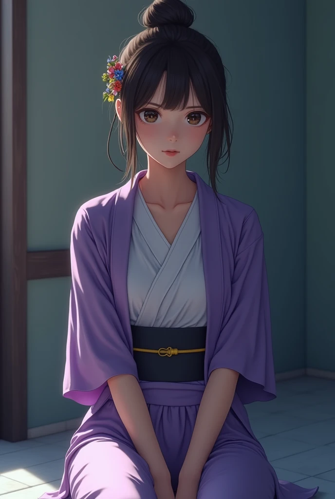 (超highest quality、In 8K、Masseter muscle part、delicate illustrations）、she is a very beautiful japanese housewife.（Around 25 years old）、Odango hairstyle（with hair ornament）、perfect body shape、（Japanese purple luxury kimono 1.1）、Clothes with open front、highest quality, masterpiece, (Original photo, professional photography, photorealistic, realistic:1.3), Highly detailed CG 16K unified wallpaper, (best aesthetics, Natural light:1.1), ultra high resolution, (correct ???????:1.5), ((Highly detailed skin texture:1.1)), ((View from the front:1.3)), throw, 1 girl, japanese woman, alone, looking at the viewer, cowboy shot, (purple kimono:1.4), (young woman:1.3), (24-years-old:1.1), (look younger than one's actual age:1.3), brown hair, (single hair bun hair:1.5), pretty fine skin, black eyes, ((thin目:1.4)), Finely drawn nose, beautiful lips, (embarrassing:1.3), ((White Scrub, short sleeve:1.5)), ((a bit, thin:1.4)), ((beautiful ???????:1.2)), (((turn your arms behind your back, restrained, ???????, rope bondage:1.5))), (((sitting on the floor:1.4))), (((indoor, midnight, dark room, empty operating room:1.2)))
