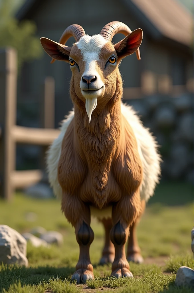 create a photo of a goat against the background of a realistic common land yard