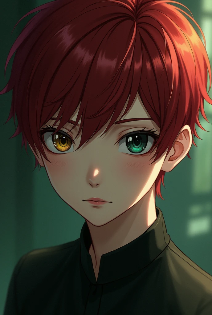 A boy with dark red hair, Asian slanted eyes and eyes with heterochromia, one black and one green