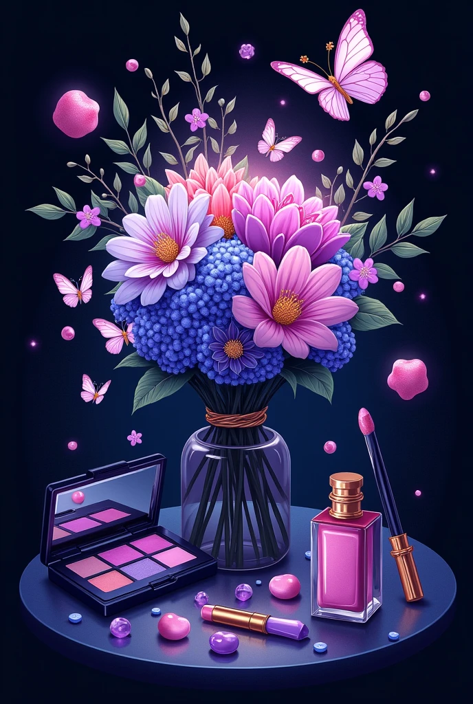 Make an illustration of a company called "ETERNO BOUQUET" That is of eternal flowers ,make-up, butterflies and jelly beans. Let the background be black and the challenge purple and blue (that bears the name of the company)