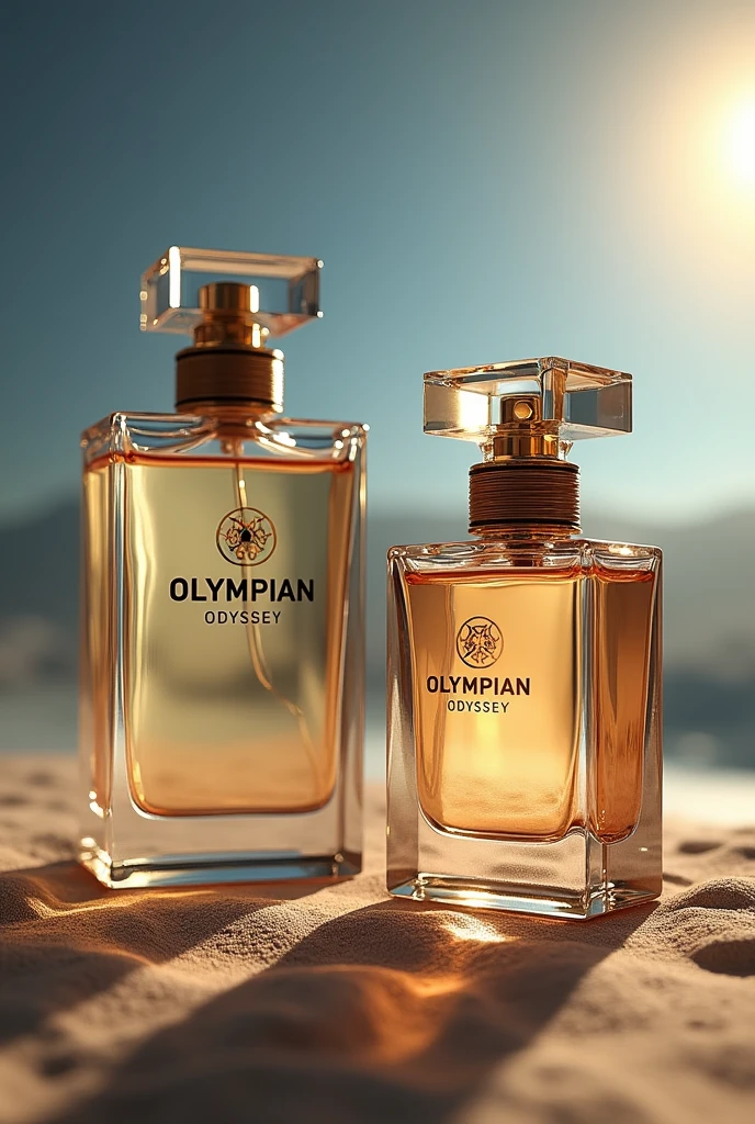 two realistic perfume bottles with logo with the name Olympian Odyssey a unique design in several different positions and angles as if it were in a magazine. create a background scenario.