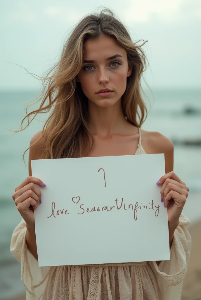 Beautiful girl with wavy long hair, bohemian dress, holding a white board with text "I Love Seaart Infinity" and showing it to the viewer