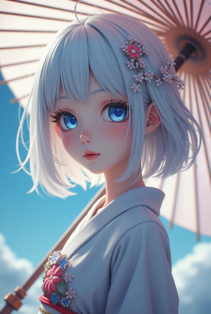 best quality, tmasterpiece, Ultra-high resolution, Clear face, （Reality： 1.4）, perfect lighting,(photorealistic: 1.50), anime wallpaper, Guviz style artwork , fantasy cover up to magic , by Yang J, Guviz, beautiful artwork illustration, beautiful digital artwork, beautiful digital illustration, Li Song, beautiful anime portrait, art style at Beauvot,illustration, ethereal and beautiful, highly detailed, CG, unity, 8k wallpaper, Amazing, fine detail, masterpiece, best quality, official art, highly detailed CG unity 8k wallpaper,absurd, extremely absurd, large file size, highly detailed , high resolution, very detailed,beautiful girl with details, very detailed eyes and face, beautiful detailed eyes,light on the face,cinematic lighting, 1girl, (white hair:1.3), Bangs, hair ornament, blue eyes, kimono, absurddress, umbrella, standing, upper body,