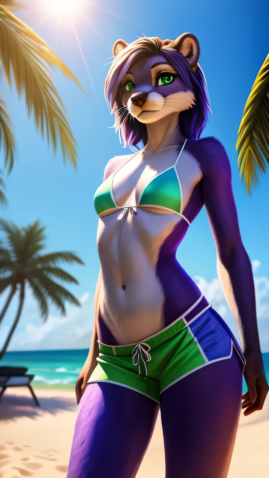 anthro, female, tall, river otter, purple aqua and white fur, wearing a bikini top and boy shorts, anthro, portrait, Anthro Art, Furry Art, POV furry Art, masterpiece 1.21, best quality, detailed image, bright colors, detailed face, perfect lighting, perfect shadows, perfect green eyes, black pupils, tomboy focus, small breasts, small waist, average butt, flawless face, gorgeous body, center focus, full body, detailed fur, balanced coloring, global illumination, detailed background of Miami Beach, sunny day, clear sky,